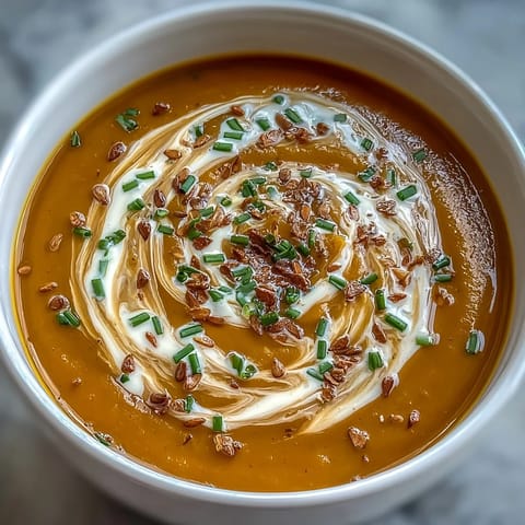 Velvety miso butternut squash soup topped with coconut cream and chives, perfect for a cozy meal.  