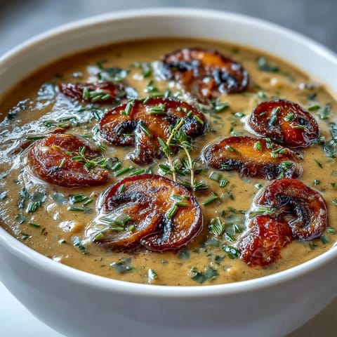Luxurious creamy soup featuring a medley of wild mushrooms, served in rustic bowls for an elegant dinner presentation.  