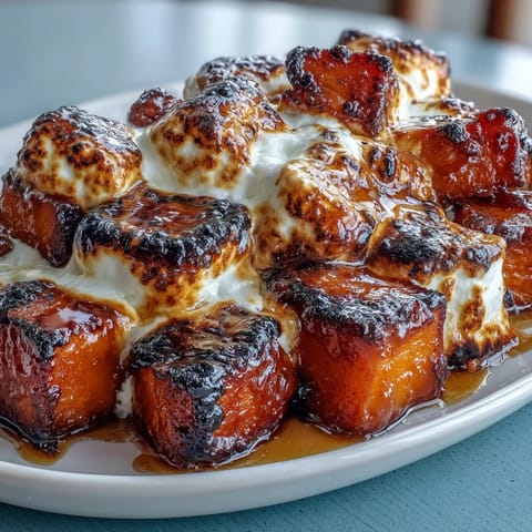Candied yams with marshmallow and vanilla, baked until tender and topped with golden, gooey marshmallows.  