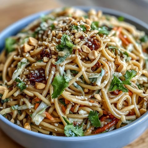 A colorful Asian sesame noodle salad with crunchy vegetables and a creamy peanut dressing, served in a white bowl.  