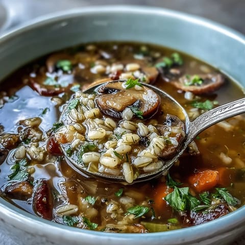 A steaming bowl of rustic vegetable barley soup with mushrooms, filled with tender barley, earthy mushrooms, and vibrant vegetables in a savory broth.
