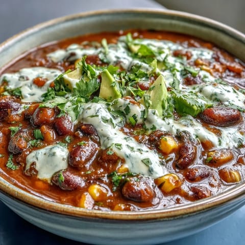 Flavorful Tex-Mex black bean chili with sweet corn, bold spices, and creamy lime-infused sour cream garnish.  