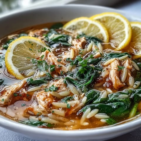 A vibrant bowl of lemon chicken orzo soup with tender chicken, fresh spinach, and orzo pasta in a fragrant broth.
