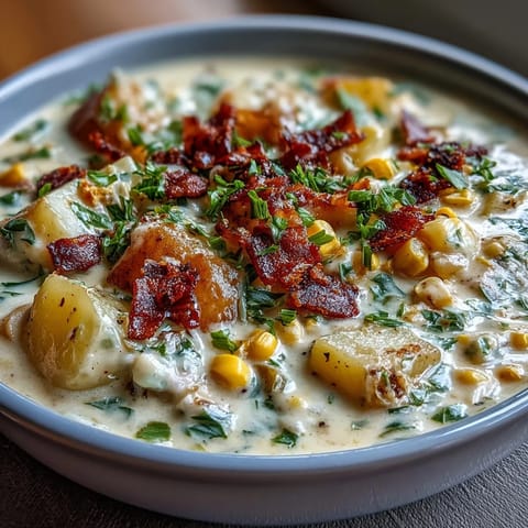 Light Ham and Potato Chowder with Celery and Corn in a creamy, savory broth topped with fresh parsley.  