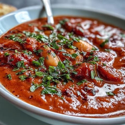 Creamy roasted red pepper and white bean soup with vibrant color and rich Mediterranean flavors, topped with fresh parsley and a drizzle of olive oil.