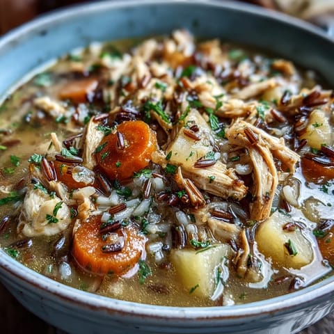 A steaming bowl of chicken and wild rice soup with tender chicken, sweet carrots, and nutty rice in a savory broth.