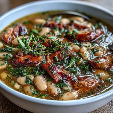 Creamy white bean soup with tender smoked turkey, fresh parsley, and thyme, perfect for a cozy dinner.  