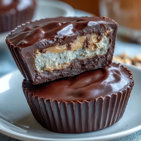 Protein-packed peanut butter cups with creamy Greek yogurt filling, drizzled with rich dark chocolate for a healthy dessert treat.