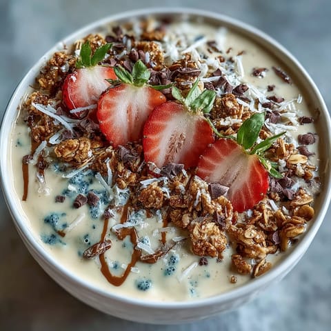 Indulge in a coffee-infused smoothie bowl with rich vanilla bean flavor, layered with granola and colorful fruit slices for a nourishing snack.  
