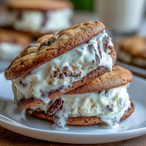Gourmet vanilla bean frappuccino ice cream sandwiches with rich espresso cookies and silky vanilla center.  