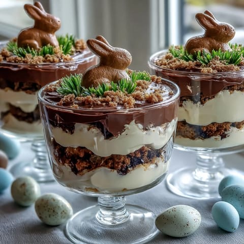 Adorable Easter Bunny Dirt Cups for Kids with chocolate pudding and crushed cookies in clear cups.