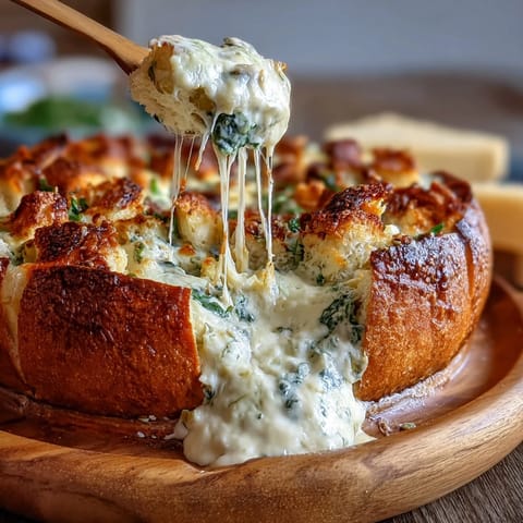 Creamy spinach and artichoke dip baked in a crusty sourdough bread bowl for St. Patrick's Day.  