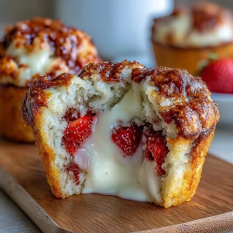 Golden strawberry muffins with white chocolate chips, fresh and moist, perfect for a sweet breakfast treat.