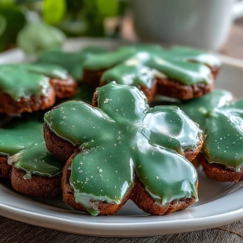 Shamrock-shaped sugar cookies decorated with vibrant green royal icing, perfect for St. Patrick's Day celebrations.