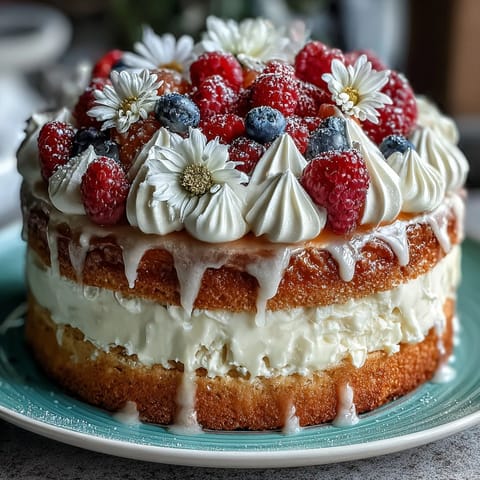 Vibrant spring birthday sheet cake with lemon curd filling, topped with fresh berries and edible flowers for a festive dessert centerpiece.