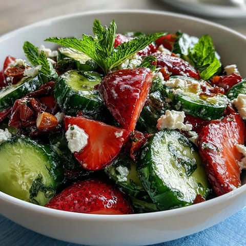 A vibrant spring salad with crisp cucumber, juicy strawberries, and fresh mint leaves, tossed with lemon-honey dressing.