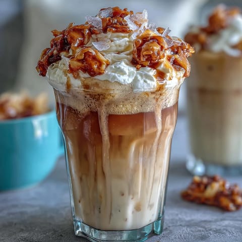 Iced Vanilla Bean Frappuccino with Toasted Coconut Foam in a tall glass, creamy and refreshing, topped with golden coconut foam and whipped cream.