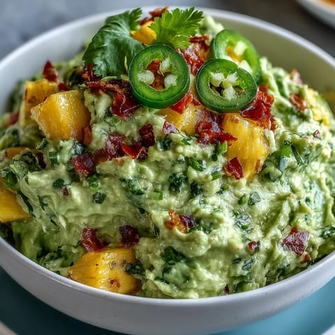 Creamy guacamole with mango and jalapeño, perfect for Cinco de Mayo parties and festive snacking.  