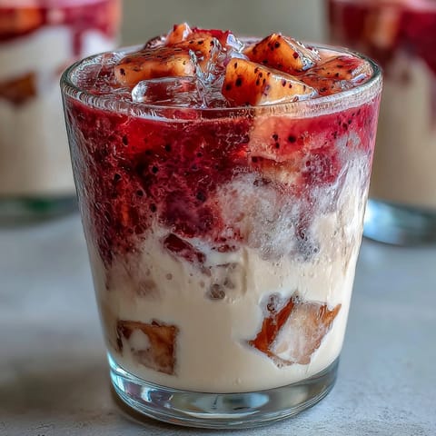 A vibrant homemade Mango Dragonfruit Refresher with fresh tropical fruit and ice, inspired by Starbucks' popular iced beverage.