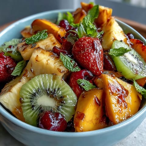 Colorful display of sliced mango, pineapple, and dragon fruit arranged artfully for a refreshing, eye-catching appetizer.