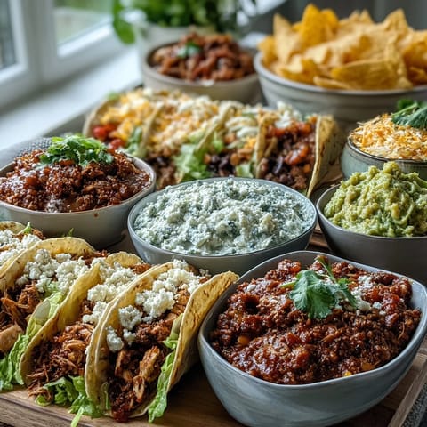 Cinco de Mayo Taco Bar Spread with colorful toppings and warm tortillas arranged for festive DIY tacos.
