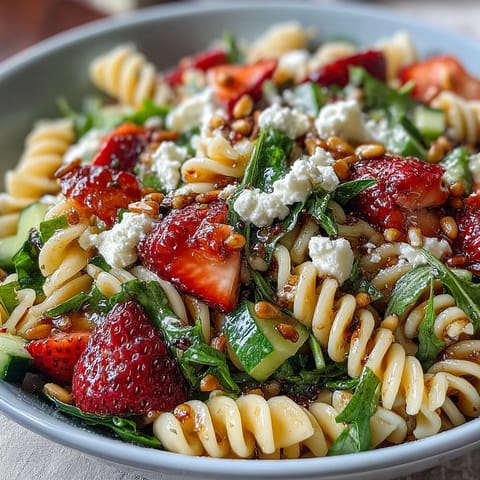 Vibrant Spring Pasta Salad with Strawberries, Feta, and Arugula in a white bowl