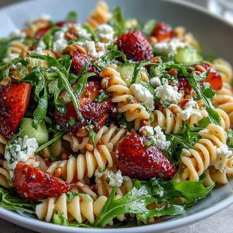 Fresh Spring Pasta Salad with Strawberries, Feta, and Arugula tossed in tangy balsamic dressing