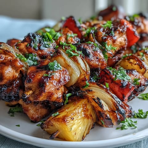 Grilled pineapple chicken skewers with juicy chicken and caramelized pineapple, perfect for summer barbecues and tropical flavor lovers.
