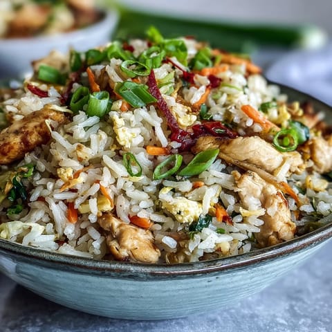 Steamed, vibrant Egg Roll Fried Rice with Chicken fills a white bowl, garnished with fresh green onions for a crispy finish.