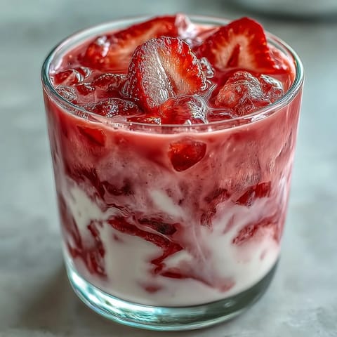 Two glasses of creamy pink Pink Starburst Refresher, garnished with fresh strawberry slices and a straw for sipping.