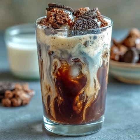 A creamy Cookies and Cream Cold Brew with crushed chocolate sandwich cookies swirled into cold brew coffee for a dreamy, indulgent treat.