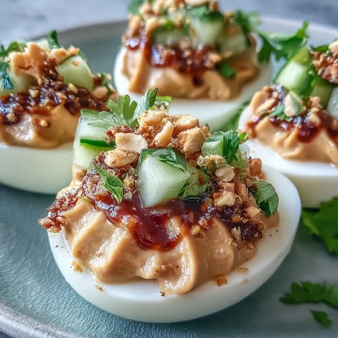 Thai Peanut Deviled Eggs with cucumber relish, a vibrant appetizer with creamy, spicy filling.