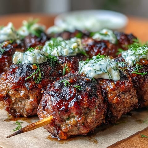 Spiced ground lamb kofta with fresh mint and parsley, charred on the grill and paired with refreshing cucumber tzatziki.  