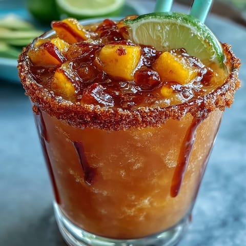 Vibrant Cinco de Mayo Mangonada Mocktail brimming with slushy mango and tangy chamoy.
