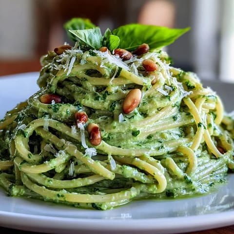 Creamy avocado pesto pasta dish with vibrant basil, ready to be served.