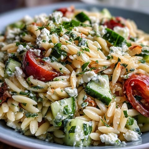 Orzo salad with cucumber, feta, and lemon dressing, a vibrant side.