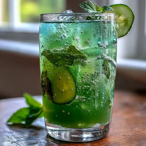 Vibrant Green Detox Cucumber Mint Agua Fresca garnished with fresh mint sprigs.