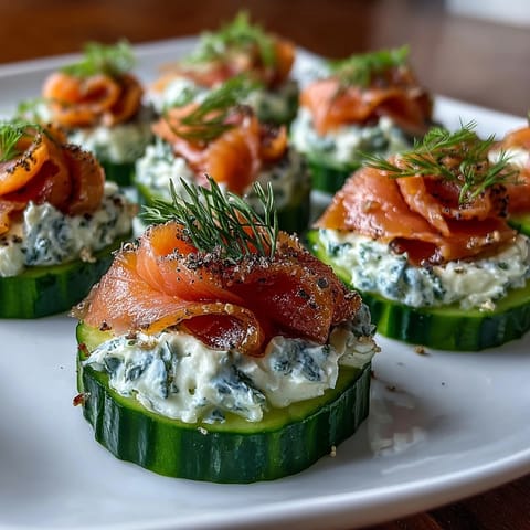 Smoked salmon cucumber bites with creamy herbed cheese and fresh dill on crisp cucumber slices.