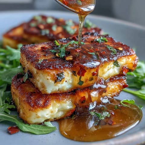 Golden halloumi cheese seared to crispy perfection and drizzled with chili-infused hot honey over fresh arugula.  