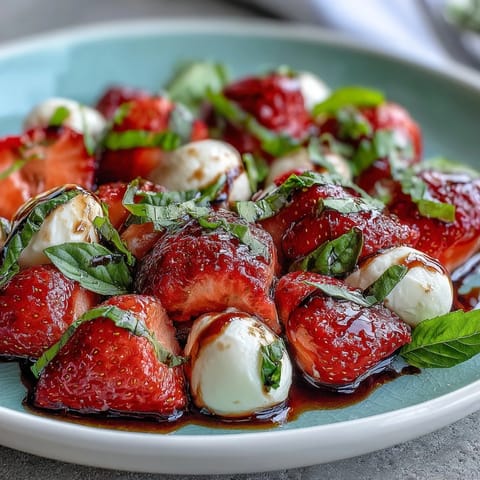 Fresh Strawberry Caprese Salad, glistening with balsamic glaze and vibrant summer colors served.