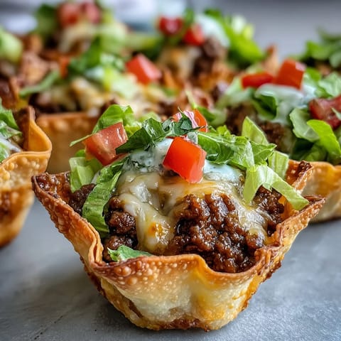 Appetizing Mini Taco Cups showcasing golden wonton edges and vibrant fresh toppings.