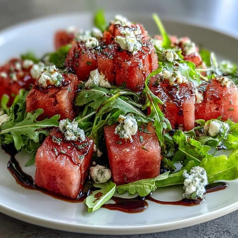 Vibrant Watermelon Feta Arugula Salad with balsamic drizzle, perfect for summer.
