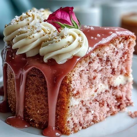 Elegant rosé velvet cake adorned with shimmering gold drip, perfect for celebrations.