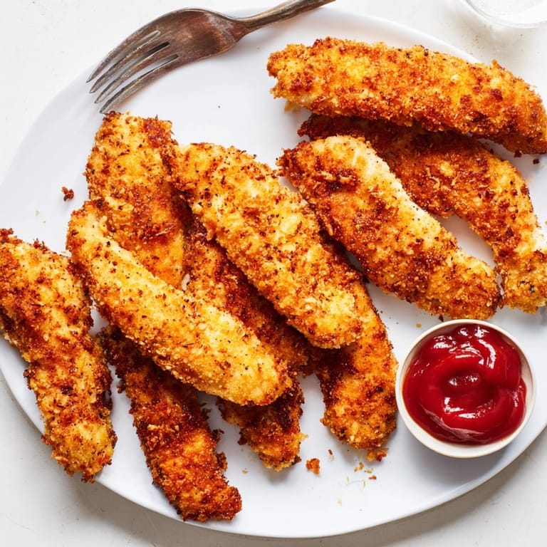 Juicy, oven-baked chicken tenders with crunchy coating, served alongside fresh ranch dressing.