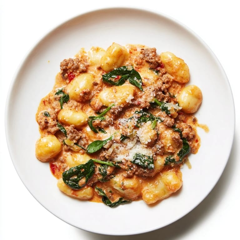 Steaming Creamy Tomato and Sausage Gnocchi, ready to be enjoyed as a hearty Italian-inspired meal.