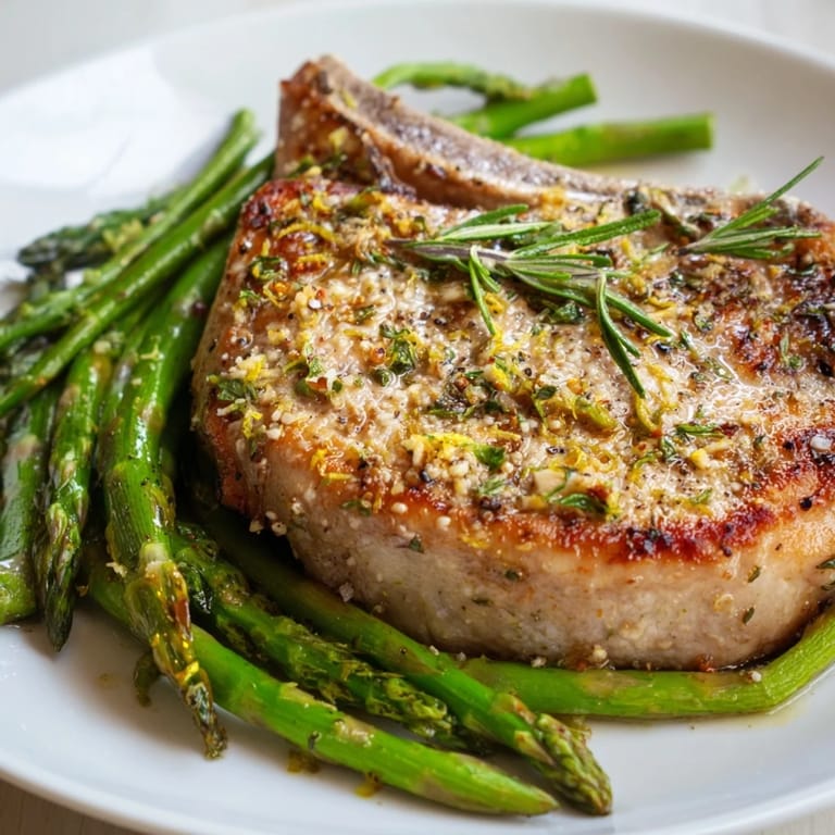 Crispy edges on one-pan roasted One-Pan Lemon Herb Pork Chops with vibrant asparagus and lemon wedges.