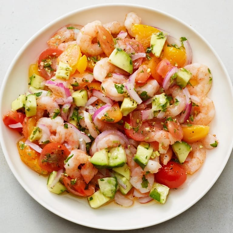 A refreshing bowl of Light & Fresh Shrimp Ceviche with diced avocado, ready to eat and enjoy.