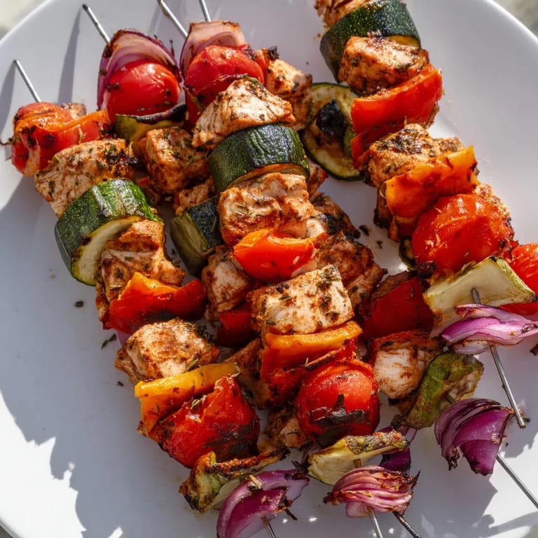 Savory and vibrant Chicken and Veggie Skewers, sizzling on the grill, a delicious and healthy meal option.