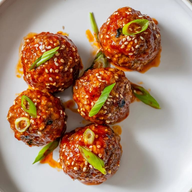 Appetizing close-up of tender, glazed Spicy Sriracha Honey Meatballs ready for your next party.