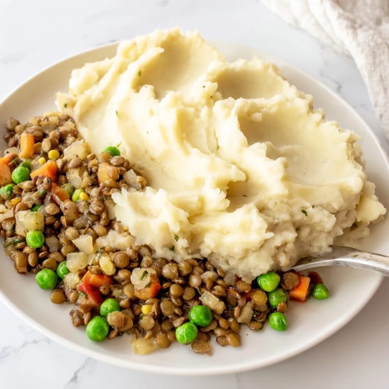 Close-up of a warm, comforting Hearty Lentil Shepherd's Pie, perfect for a cozy vegetarian dinner.